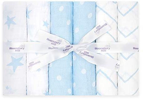 Bloomsbury Mill - Muslin Cloths for Baby - Soft 100% Organic Cotton Muslin Squares - Baby Muslins Pack of 6 - Large Burp Cloths - Baby Essentials For Newborn - Blue & White - 70x70cm