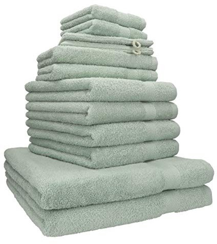 Betz Premium Handtuch-Set 12-teilig – 100% Baumwolle – Oeko-TEX® Zertifiziert – extra saugfähig & weich – hohe Grammatur – Duschtücher, Handtücher, Gästetücher & Waschhandschuhe - Farbe heugrün