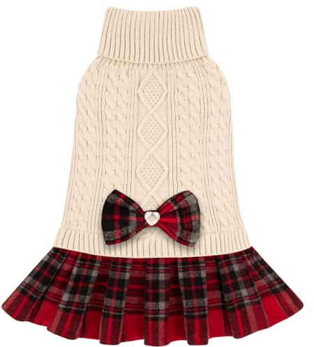 KYEESE Dog Sweater Knitwear Dog Sweaters for Small Dogs Girl Soft Turtleneck Pet Sweater Dress Thick Dogs Clothes with Bowtie Stretchy Cat Sweaters Warm Pullover Pet Coats for Cold Weather Winter