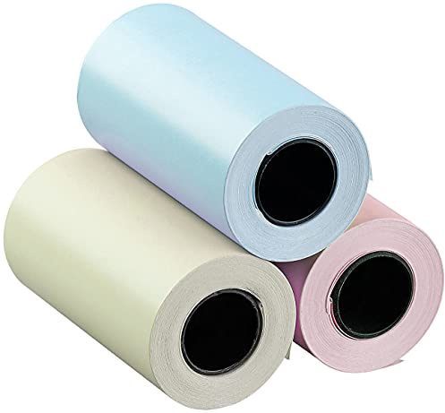 Callstel Thermorollen: 3er-Set selbstklebende Etiketten-Rollen, 57 mm Breite, je 4,5 m, bunt (Thermopapierrollen, Selbstklebende Thermorollen, Dose)