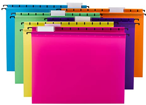 Smead Poly Plastic Hanging File Folders for Documents with Tabs, Letter Size, 0.5 Inch Expansion, File Cabinet Organizer for Filing Cabinets, Assorted Bright Colors, 12 Pack, Office Supplies (64030)