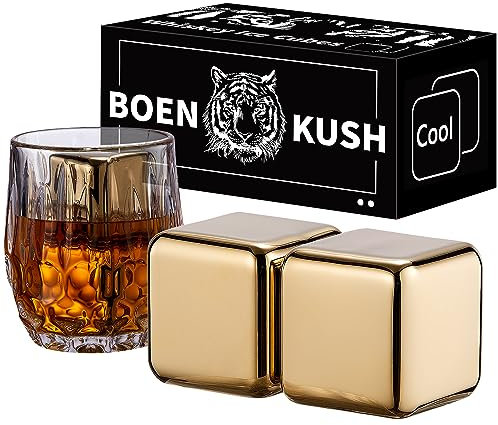 2 Large 64cm³ Whiskey Stones - Reusable Stainless Steel Metal Ice Sphere Cubes Beverage Chilling Rocks Whiskey Stones for Red Wine, Bar Beer, Scotch, Vodka Drinks - Gold