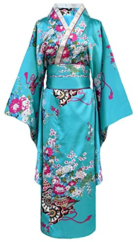 Bon amixyl, Kimono giapponese tradizionale da donna, Yukata, con vestito, per cosplay, in raso, blu, M