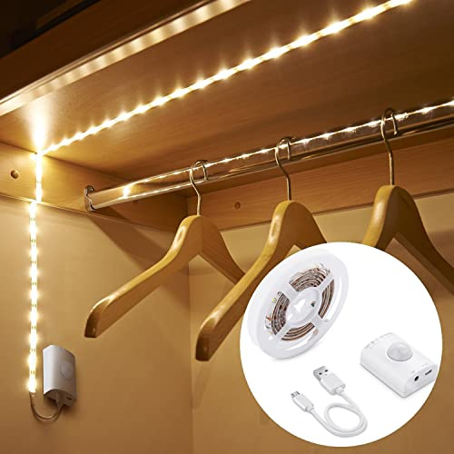 LED Strip mit Bewegungsmelder,OriFiil 2M Streifen Lichtband,USB Wiederaufladbar Batterie Nachtlicht für Kinderzimmer,Schlafzimmer,Unterbauleuchte Küche,Schrankbeleuchtung (Warmweiß)