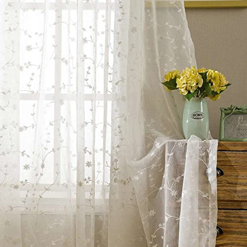 KEKUYA Voile Gardinen Vorhang Gardinen Transparent,2 Stück Gardinen Vorhänge Vorhang Blickdicht mit Ösen Wohnzimmer Schlafzimmer Stores Küche - Weiße Blumen(B140 x H260cm)