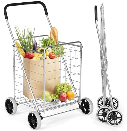 GYMAX Carrello Porta Spesa, Trolley Pieghevole a 4 Ruote, Carico di 45 kg, Capacità di 83 L, Cestino in Metallo, Bracciolo Antiscivolo, Compatto e Salvasapzio(M, Argento)