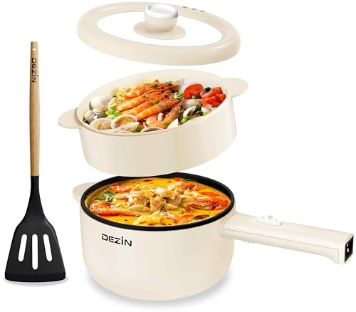 Dezin Hot Pot Electric, 2L Non-Stick Sauté Pan, Rapid Noodles Cooker, Mini Portable Pot for Steak, Egg, Fried Rice, Ramen, Oatmeal, Soup with Power Adjustment & Spatula, College Dorm Room Essential