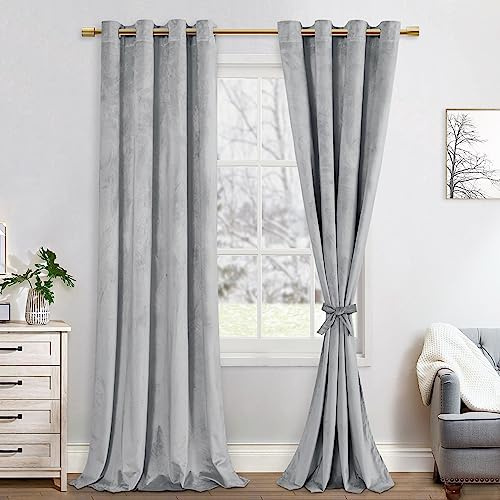 JIUZHEN Verdunklungsvorhang Samt Blickdichte Gardinen Samtvorhang | 2er Set mit Ösen für Schlafzimmer,140x260cm (Breite x Höhe),Silber grau