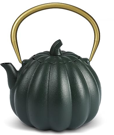 VICSKY Tetera de hierro fundido de calabaza (1,134.0 g/1200 ml), tetera de hierro fundido resistente apta para estufa, tetera japonesa de hierro fundido Tetsubin, revestimiento esmaltado e infusor de
