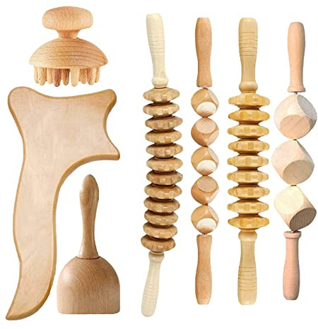 Massageroller Rücken Set,Maderotherapie Anti Cellulite Massagegerät Massage Holz,Massageroller Faszienrolle Gua Sha Becher Massage Set,Lymphdrainage Körper,Stress Abbauen und Entspannung