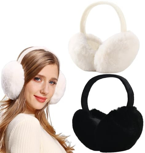 FSMILING 2 Pack Adjustable Fluffy Foldable Women's Earmuffs For Ladies Adults, Black White