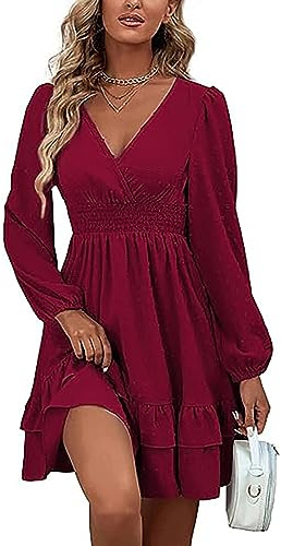 MAFA Vestiti Casual da Donna Estivi Autunno Elegante a Pois Abito a Maniche Lunghe Vestito Scollo V Abiti Corto con Volant e Vita Alta Borgogna XL