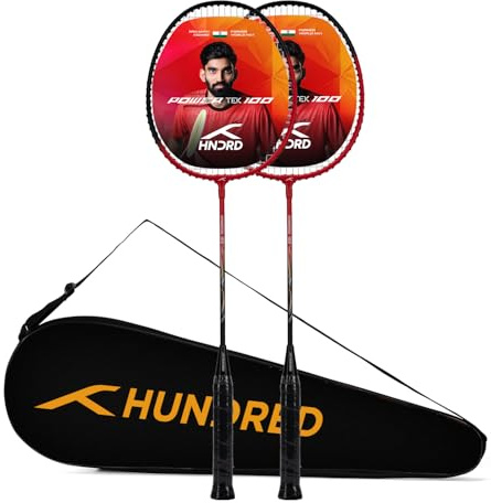 HUNDRED POWERTEK 100 (set med 2) badmintonracket med fullt skydd (röd/svart) | Material: Aluminium | Maximal spänning: 7,3-8,2 kg | för mellanspelare