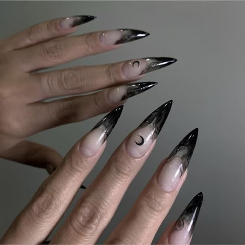 MouyouGlow Press on Nails Long,Stiletto Halloween Moon Witch Schwarz Gothic Fake Nails mit Nagelkleber,Vampire Black Künstliche Fingernägel