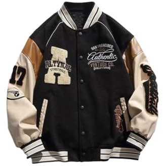 Oanviso Herren Vintage College Jacke für Jungen Bomberjacke Baseball Jacke Patchwork Übergangsjacke Oversized Druck Mantel mit Knöpfen Mode Sweatjacke für Herbst A Schwarz S