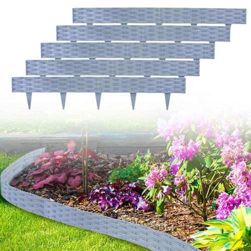 LZQ Rasenkante Beeteinfassung Rund Kunststoff, Beeteinfassung Beetumrandungen 10m Rattan-Design Palisaden mit 10 Elemente á 100 cm, Grau