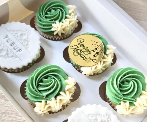 6 Umrah Mubarak Cupcake Discs Gold Acrylic Reusable Cupcake Toppers, Cake Toppers, Charms, Hamper Gift Tags, Cake Decorations.