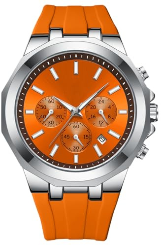 RORIOS Relojes Moda de Pulsera para Hombres Reloj Deportivos Cuarzo Reloj Casuales Analógico Reloj Multifuncional Cronógrafo Correa de Silicona Naranja