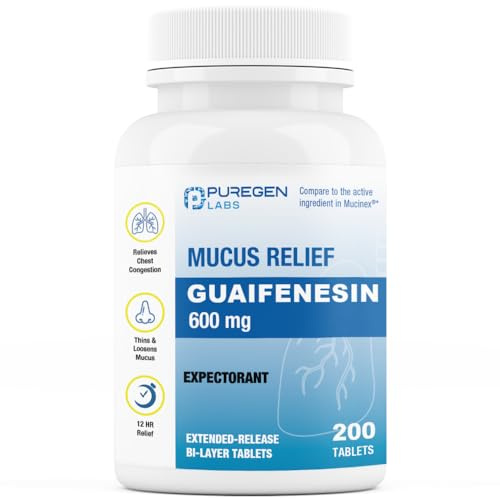 Puregen Labs Mucus Relief 12 Hour Extended Release Guaifenesin 600mg High Potency | Value Size 200 Count | Chest Congestion Expectorant 600 mg Tablets