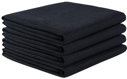 VIVOTE 4 Packs Black Wiping Polishing Towels, No lint Kitchen Tea Towel, Machine Washable Microfibre Waffle Cloth, No Water Marks Polish Towels for Kitchen, Barista Cloth, 50x70 CM,200gsm