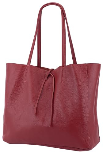 SH Leder ® Damen Echt Rindleder Shopper in Querformat mit Innentasche in vielen Farben Schultertasche Henkeltasche 30x37cm Maja G514 (Dunkelrot)