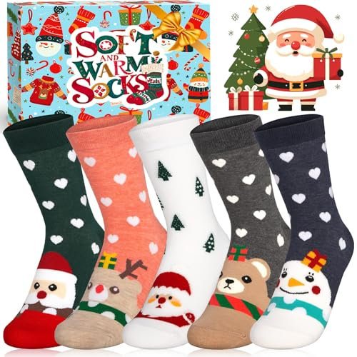 SaiXuan Chaussettes de Noël Femme 5 Paires, Chaussettes Fantaisie Douces et Chaudes Hiver, Chaussette Noël Femme avec Motifs de Fête, Coton Confortable, Set Cadeau en Boîte, Taille 36-41