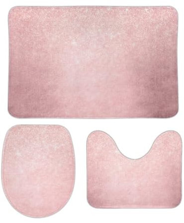 Badteppich-Set 3-Teilig Eleganter Hübscher Rosa Blumen-Goldglitter Badezimmer Vorleger 3-Teiliges Wasserabsorbierend Wc Vorleger Set 3 Teilig Waschbar Badezimmer-Garnitur