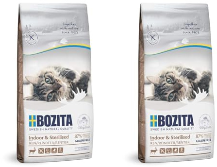 BOZITA Indoor & Sterilised Getreidefrei mit Rentier - Trockenfutter für Erwachsene hauptsächlich drinnen lebende Katzen, 2 kg (Packung mit 2)
