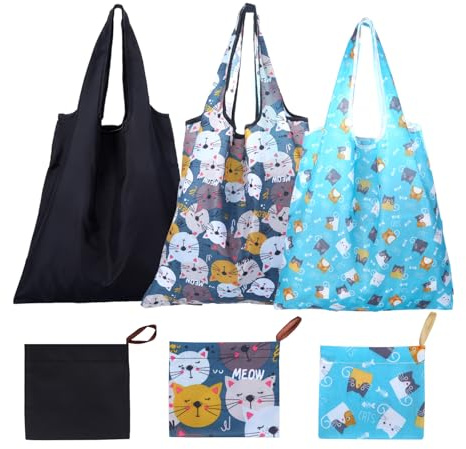 3 Stück Katzenmotiv Einkaufstasche Faltbar, Faltbare Tasche Wasserdichter Beutel Einkaufsbeutel Faltbar mit Griff Einkaufstaschen für Lebensmitteleinkauf Picknicken Camping Waschbar Leicht zu Tragen