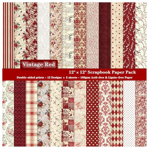 ZAKHSE Bastelpapier, 24 Blatt Motivpapier 30,5x30,5cm, Rot Blumen muster Doppelseitig Bedruckt Designpapier, 160gsm Säurefrei Scrapbook Papierblock für DIY Kartengestaltung,12 Designs, 24 Motive