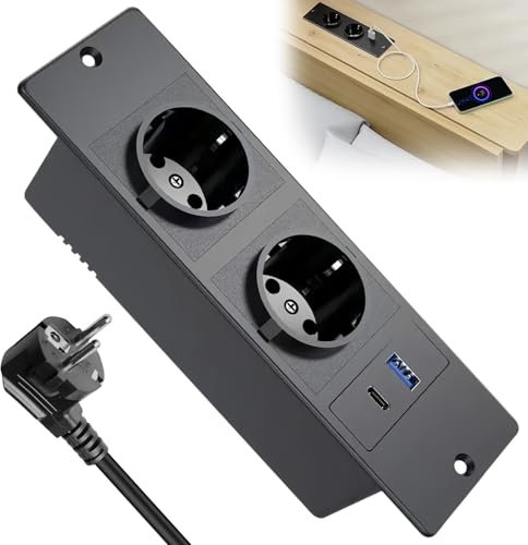 GOEDCH Prise encastrable table : 2 voies multiprise encastrable avec 1 USB-A et 1 Type-C PD20 W, prise à encastrer de bureau avec câble de 1,5 m, prise de courant intégrée pour surfaces de travail