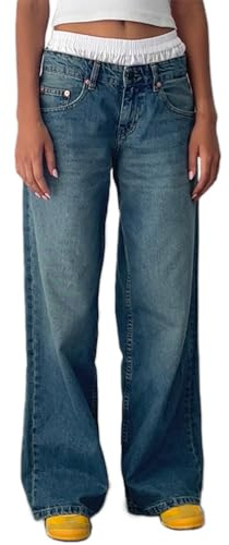 ticticlily Jeans Vita Bassa Donna Larghi Straight Wide Leg Pantaloni Jeans Gamba Dritta Gamba Larga Pantalone Denim Casuale Boyfriend Hiphop Harajuku Jeans con Tasche Pants A Blu L