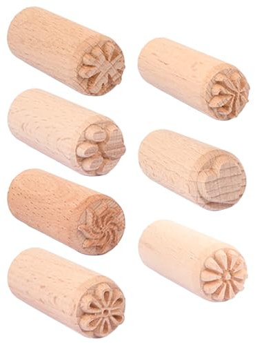 7 Pcs Natural Wooden Pottery Stamps Column, Wood Block Pottery Tools Stamps Cookie Dough Textiles Scrapbook Clay Wood Printing Stamp with Flower Patterns for Scrapbook, Card Making, Crafts
