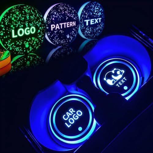 Lot de 2 lumières LED personnalisées pour Porte-gobelet avec Logo de Voiture, 7 Couleurs/3 Modes, Dessous de Verre de Voiture Lumineux, Motifs personnalisés, détection Automatique de Dessous de Verre