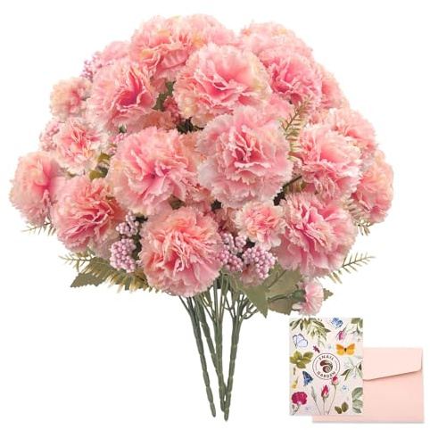 SNAIL GARDEN 4er Set mit 40 künstlichen Nelkenblüten in Rosa | Premium Seidenblumen mit Real-Touch Effekt | 2 Größen + Blätter | Kunstblumen für Hochzeiten, Muttertag & Wohnaccessoires