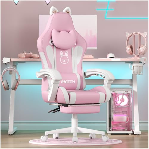 Bigzzia Gaming Chair Cute with Cat Ears and Massage Lumbar Support, Ergonomic Computer Chair for Girl with Footrest and Headrest (Pink and White) | Massage Lumbar Support, Reclining Range 90°-155° with Footrest for Nap, Gifts for Women Girls