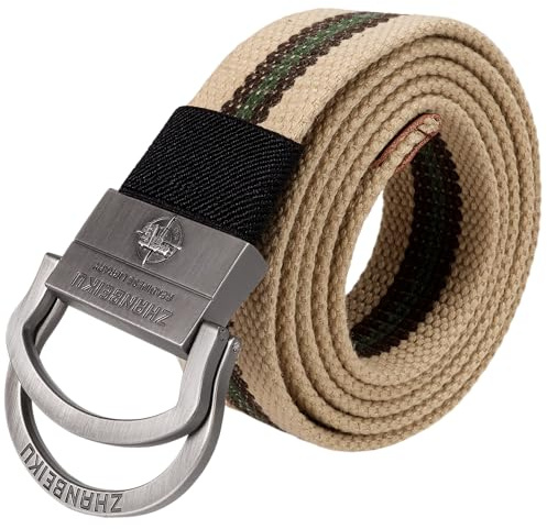 Leiskya Double D-Ring Striped Canvas Metal Buckle Adjustable Web Belt, Colorful Durable Fabric Hiking Webbing Loop Belts Men Women (Beige Green, 55.1 in)