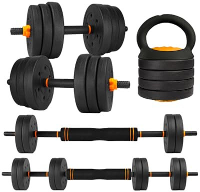unycos - Manubri Regolabili con Dischi 30 kg【E-Book con 50 Esercizi】Coppia di Pesi, Barra di Collegamento per Allenamento, Kettlebell e Supporto per Flessioni, Palestra in Casa (Orange Transformer)