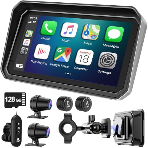 FancyTiger 6 Ultra-Bright Motorcycle Carplay HD Waterproof Touchscreen with GPS Navigation System, TPMS, Wireless BT, Loop Rec & Emer Lock, Dual 1080P Camera, iOS/Android,Quick Release Magnetic Mount