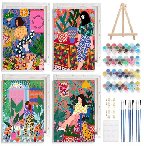 NAIMOER 4 Pièces Femmes Peinture par Numéros pour Adulte avec Cadre Chevalet, Paysage Jardin Peinture Numéros Enfants, Cadeaux Décoration Maison 20x30cm