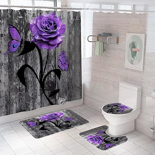 Badgarnitur 4 Teilig Badezimmerteppich Waschbar Badematte rutschfest,Wc Vorleger Mit Ausschnitt Badematte Und Duschvorhang,Badvorleger Toilette Teppich 45X75Cm Lila Rose