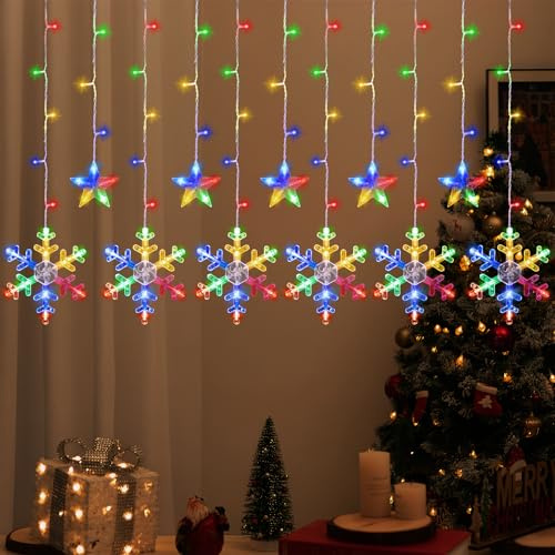Lewondr 138 LED Stern Vorhang Lichter, Hängende Lichterkette mit 6H Timer & 8 Modi, USB & Fernbedienung Schneeflocke + Sterne String Lichter für Weihnachten Hochzeitsfeier Indoor Dekor, Bunt Licht
