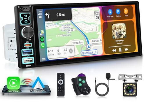 Single Din Carplay Car Stereo with Wireless Android Auto, Hodozzy 6.8 inch Touchscreen Single Din Radio Support Bluetooth 5.2 FM Radio Type-C USB Fast Charge Mirrorlink EQ SWC Backup Camera