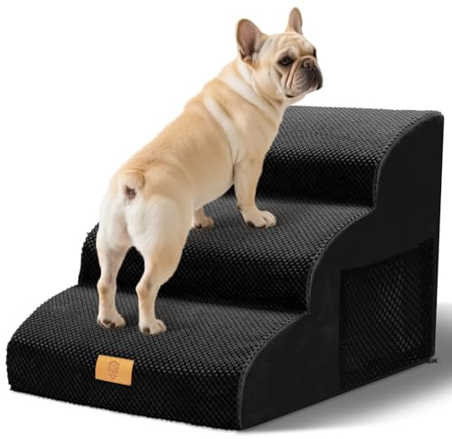 Thihome Hundetreppe für kleine Hunde, 3 Stufen, 60x40x40cm, Schwarz | Haustiertreppe aus Hochdichter Schaum, Rutschhemmender Boden, Poignée Poche Rangement, hunderampe für Sofa Bett, Max 23 kg