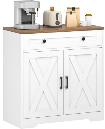 HOOBRO Sideboard Küche mit Schublade, Küchenschrank mit Tür und verstellbarem Einlegeboden, Buffets Sideschrank mit Arbeitsfläche, für Küche, Wohnzimmer, Esszimmer, Weiß und Walnuss EWH84CB01