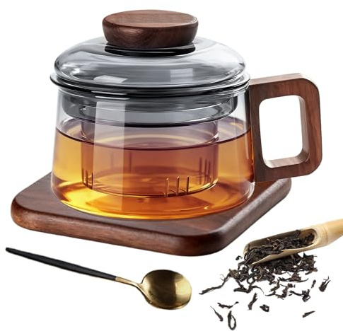 Glastekopp med lock och sil, 200 ml temugg teglas, tekoppar av borosilikatglas teglas glas kopp med träunderlägg, för lös te, teälskare, tegåvor, grå