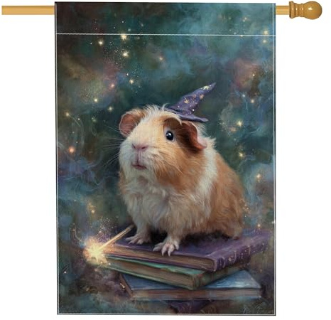 Drapeau de maison de cochons d'Inde, chapeau de magicien fantaisie, livres d'Halloween bleu double face en toile de jute décorative pour extérieur, terrasse, pelouse, entrée, camping - 71 x 101 cm