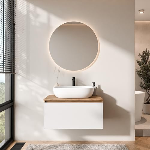 Planetmöbel Arisa Badmöbel Set Waschtisch mit Unterschrank | 80 cm, gold eiche weiß mit NOVA Spiegel, Waschbecken 60 cm gold eiche weiß, Raumsparsiphon