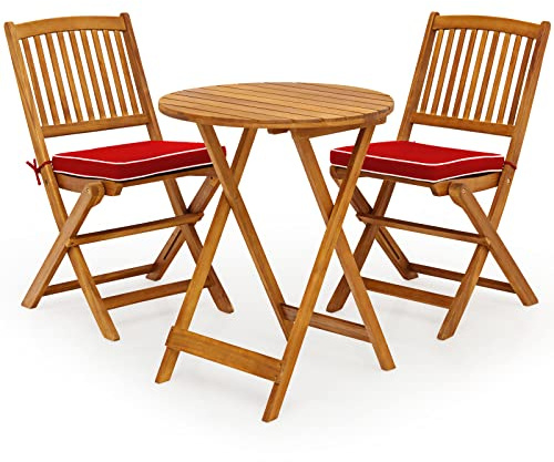 FANTASK 3tlg. Gartenmöbel Set, Runder Bistrotisch mit 2 Stühlen, klappbares Balkonmöbel-Set aus Akazienholz, Bistroset inkl. Rundtisch & 2 Stühlen mit 2 Kissen, Sitzgruppe für Garten, Balkon (Rot)