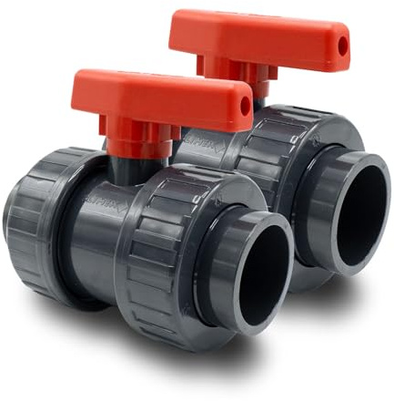 Baumaxxe 2x PVC Kugelhahn 50mm I Absperrhahn 1 1/2 Zoll 2-Wege mit 2x Klebemuffe und Verschraubung radial ausbaubar I Für Poolverrohrung Teich Aquaristik Entwässerung Bewässerung I bm116